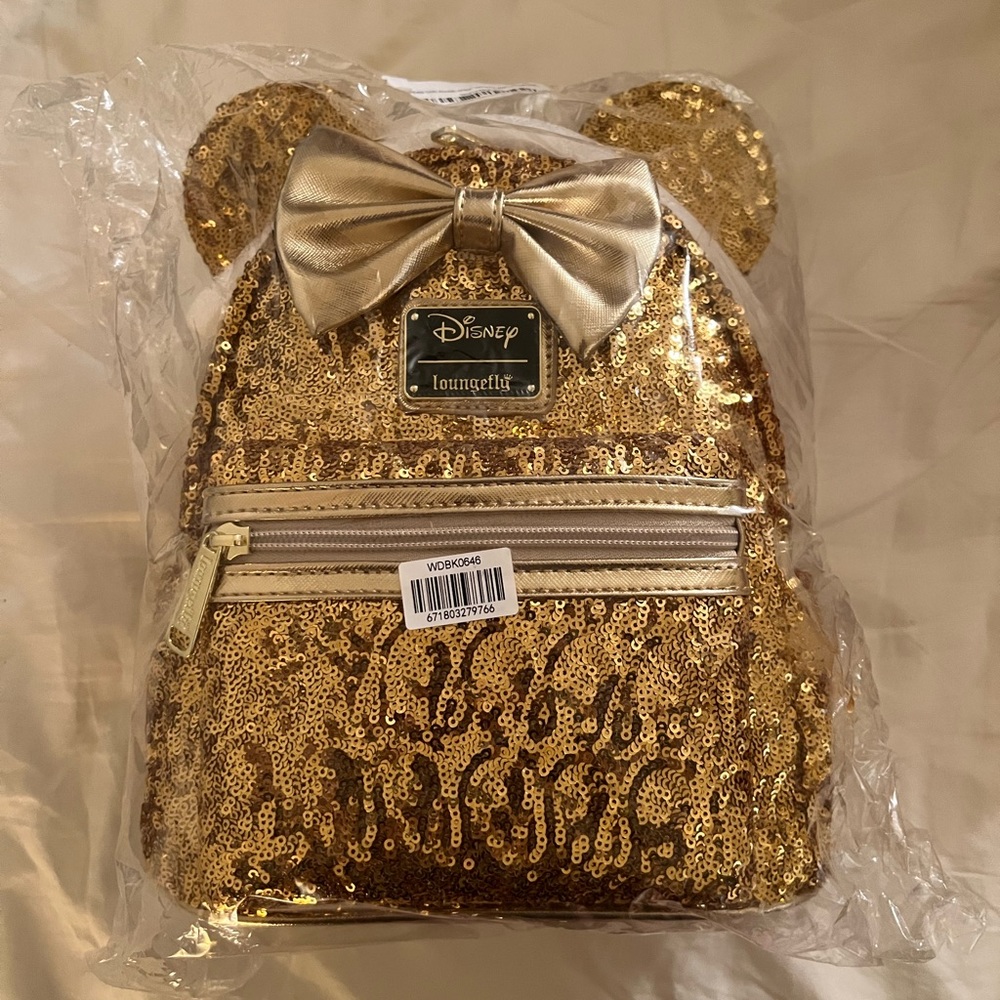 X LASR Exclusive Disney Loungefly Yellow Gold Sequin Minnie Mini Backpack
